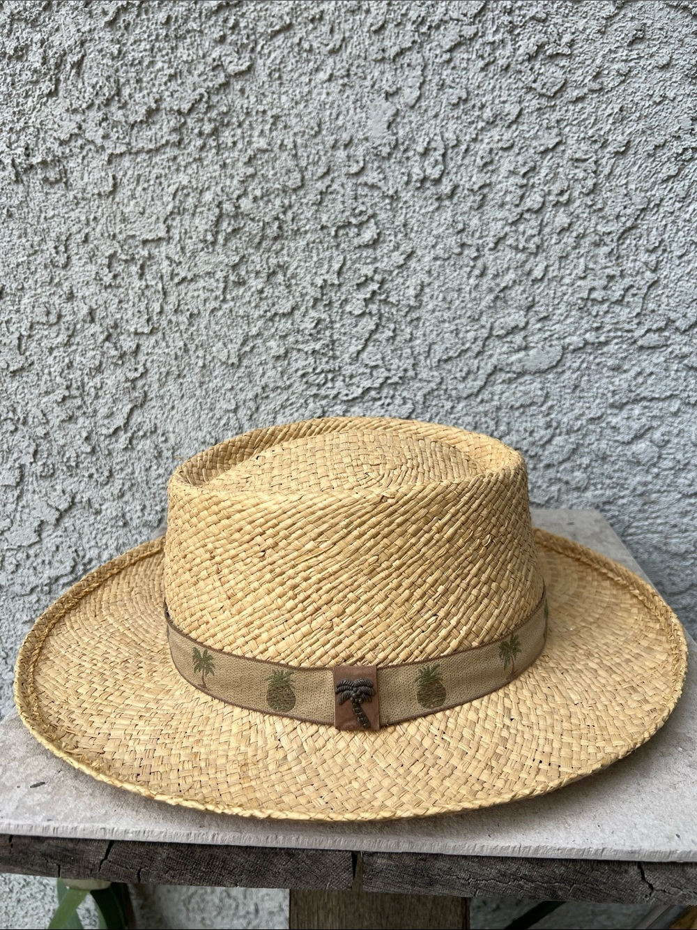 Scala Rafia Straw Wide Brim Sun Hat with Palm Tree Pineapple Print Band Men Boho